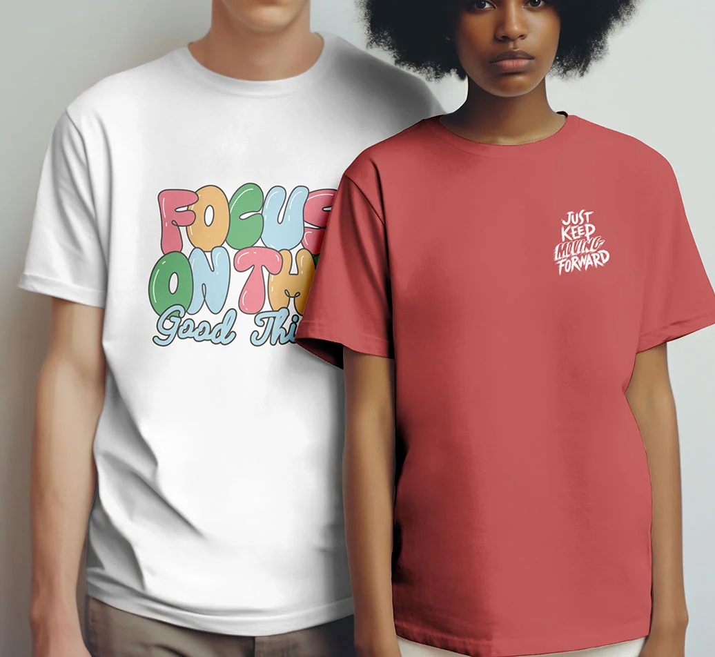 A male and a female model wearing custom t-shirts